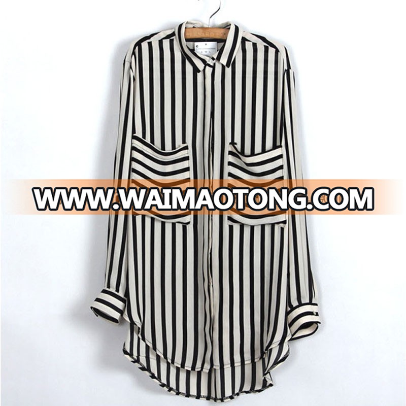 Top hot sell factory directly price ladies' short front long back striped new model blouse with big pockets