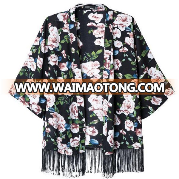 China clothing manufacturing hem tassel woman wear high fashion floral print kimono