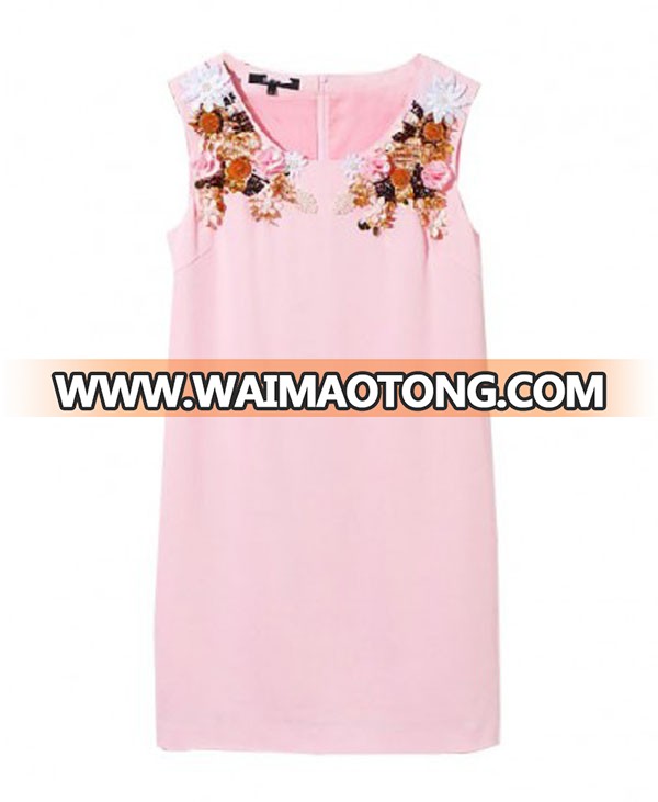 High fashion stylish sleeveless round beaded flower neck design pink color plus size women clothing