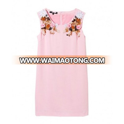 High fashion stylish sleeveless round beaded flower neck design pink color plus size women clothing